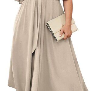 Women Plus Size Midi Dresses Wedding Guest Short Sleeve V Neck Tie Waist Casual